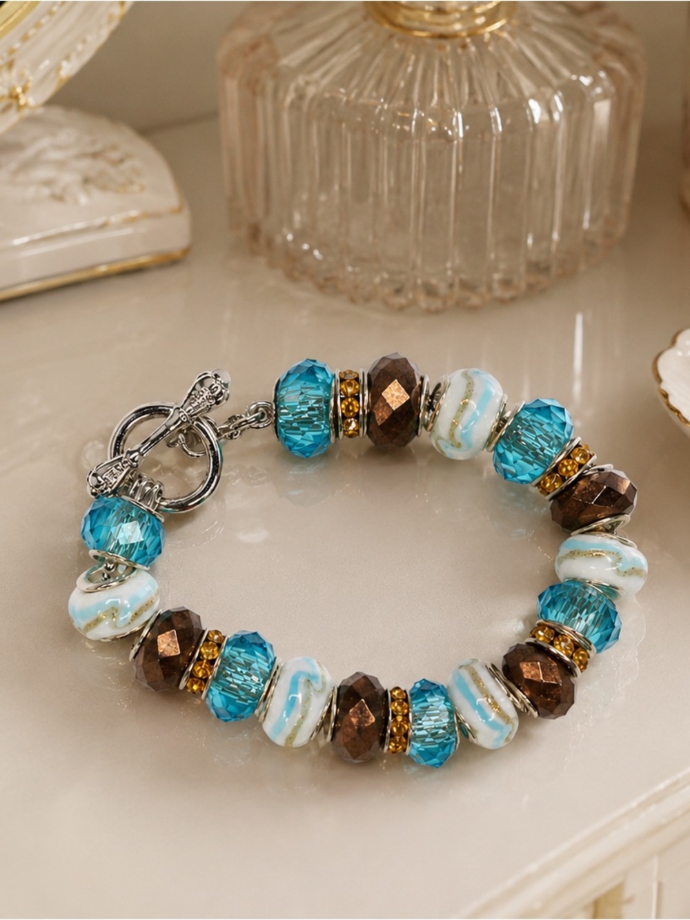 Murano Style Artisan Glass Beaded Bracelet – Aqua Blue, Bronze & Gold